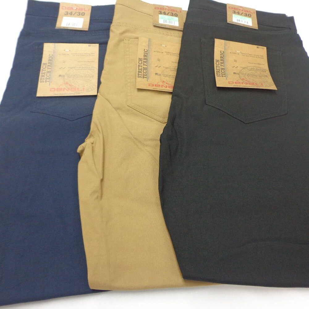 Denali 34-30 Lot of 3 Moccasin Brown Black & Blue Mens Tech Stretch Fabric Pants